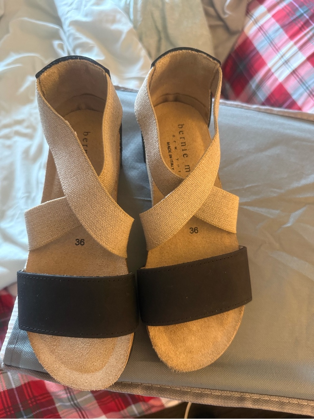 bernie mev. Tan and Black Crisscross Elastic Slide Sandals